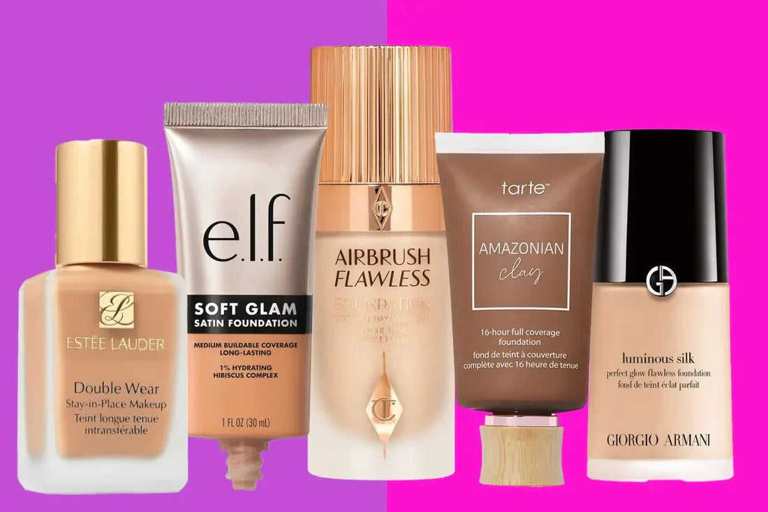 Five foundation products including Estee Lauder, e.l.f. Soft Glam, Charlotte Tilbury Airbrush Flawless, Tarte Amazonian Clay, and Giorgio Armani Luminous Silk