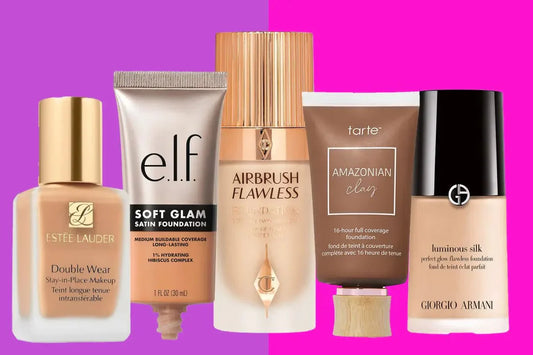 Five foundation products including Estee Lauder, e.l.f. Soft Glam, Charlotte Tilbury Airbrush Flawless, Tarte Amazonian Clay, and Giorgio Armani Luminous Silk